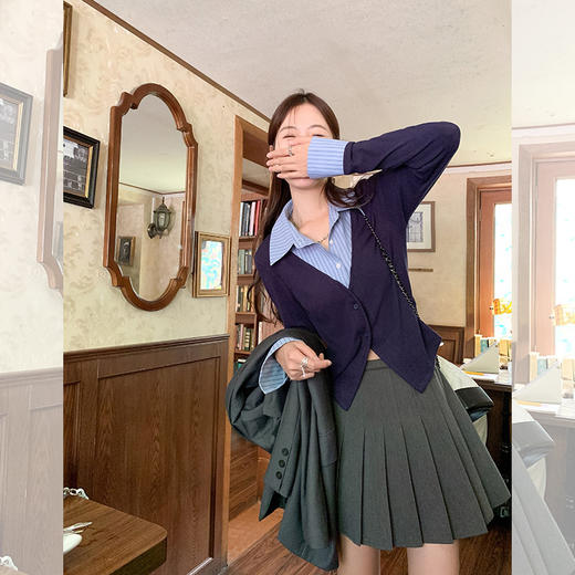 <曾小咸推荐>【学院梦境】假两件藏蓝色衬衫领上衣 商品图2