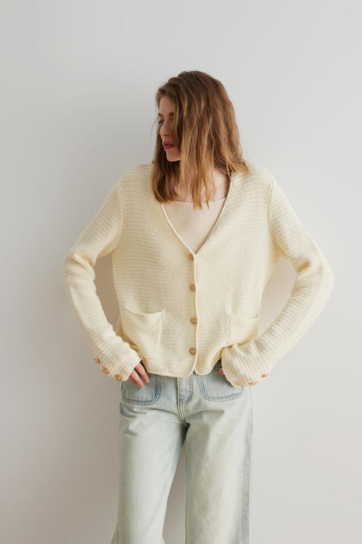 COCO ZONE 春季小香风100棉针织开衫长袖V领单排扣上衣24C10367 商品图2