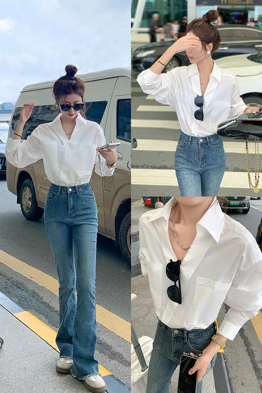 <曾小咸推荐>【露丝穿搭】设计感白色V领长袖衬衫 商品图5