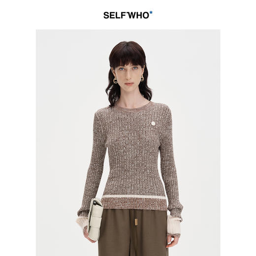 SELFWHO羊毛混纺撞色针织衫女2024秋季新款修身圆领套头针织上衣 商品图1