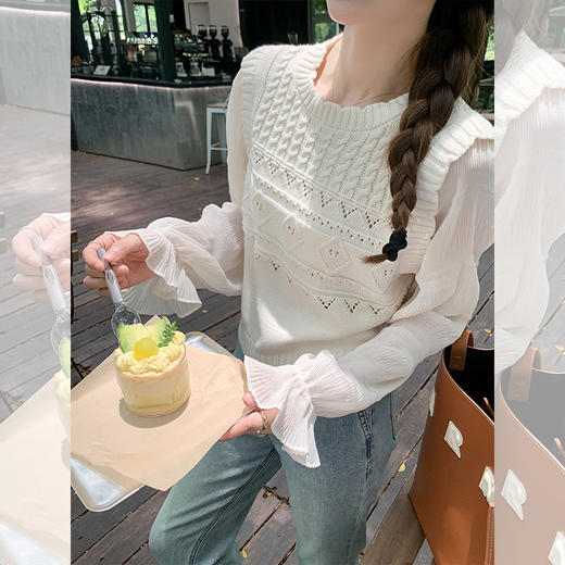 <曾小咸推荐>【温柔花边】毛织拼接雪纺袖子上衣 商品图3