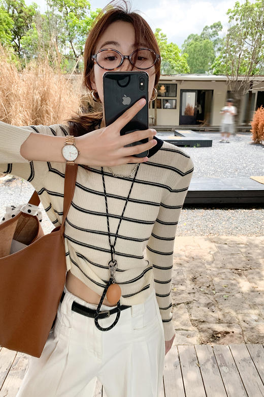 <曾小咸推荐>【条纹舞曲】杏黑条纹针织衫 商品图5