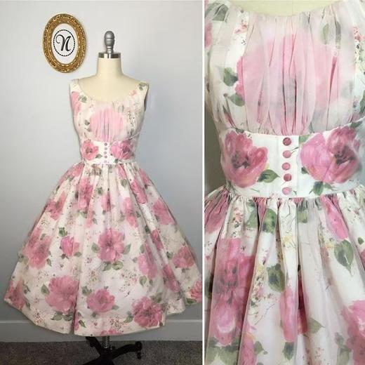 【投稿】喵娘精工@M82《春日花影》复古vintage薄纱印花高腰连衣裙 商品图5