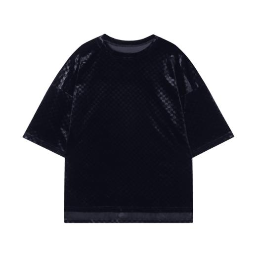 T1487新款时尚绒面格子拼接男士短袖百搭潮流休闲上衣宽松小众T恤 商品图1