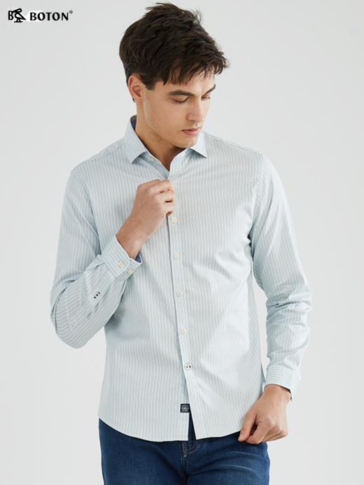 波顿春秋季浅蓝色条纹长袖衬衫纯棉修身男士休闲青年高端衬衣MS572120 商品图3