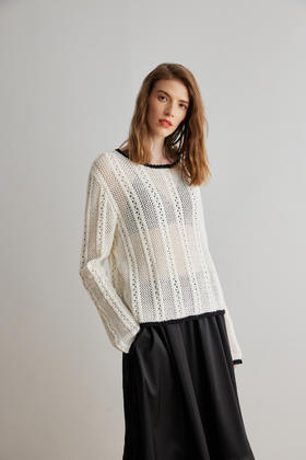 COCO ZONE 2024"米妮"春季复古纯色圆领针织衫镂空长袖上衣CC1A0605