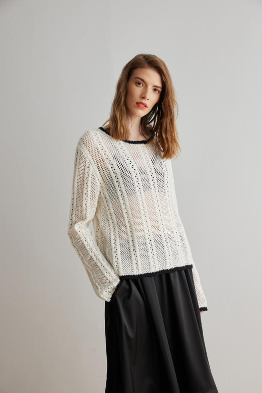 COCO ZONE 2024"米妮"春季复古纯色圆领针织衫镂空长袖上衣CC1A0605 商品图0