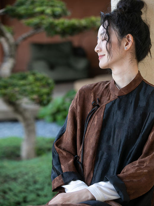 牧衣游原创 重磅鹤提花香云纱短外套拼接高端禅意复古开衫 木兰诗 商品图1