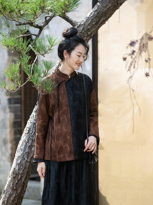 牧衣游原创 重磅鹤提花香云纱短外套拼接高端禅意复古开衫 木兰诗 商品图0