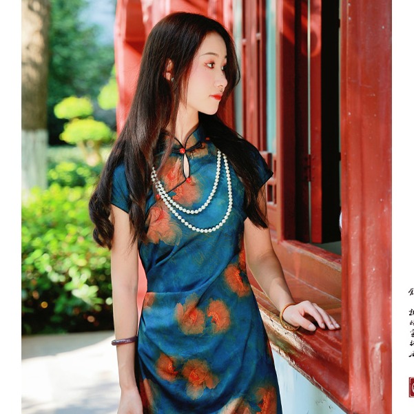 【京华】双面仿香云纱立领水滴镂空改良旗袍新中式