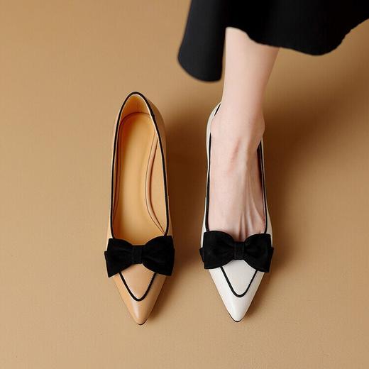 【预售5天】里外全皮 4.5cm蝴蝶结单鞋女2024春夏秋真皮拼色中跟细跟羊皮鞋子DB&M5878 商品图2