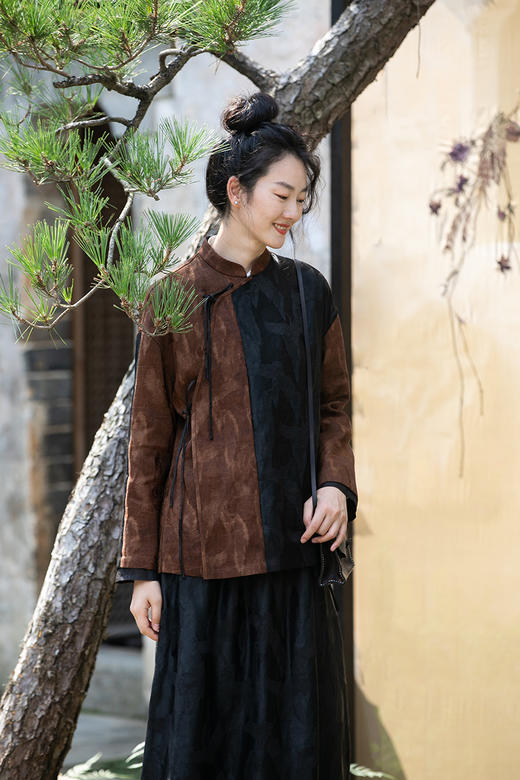 牧衣游原创 重磅鹤提花香云纱短外套拼接高端禅意复古开衫 木兰诗 商品图5