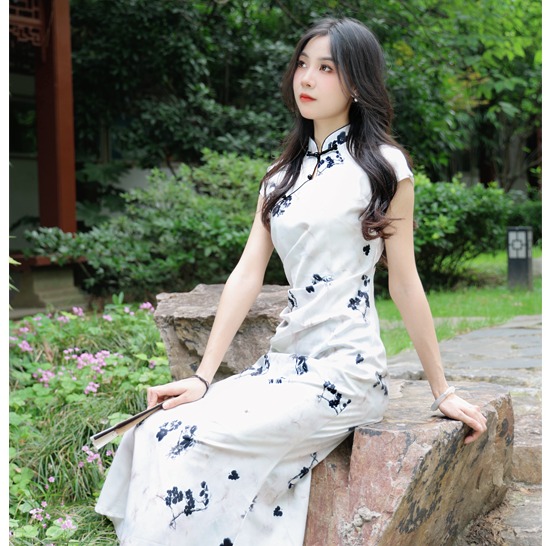 【墨梅】绸缎水墨国风改良旗袍新中式