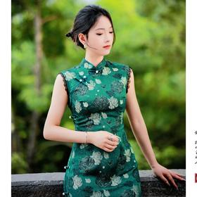 【绿韵】无袖斜襟蕾丝边改良旗袍新中式