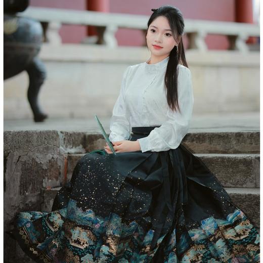 【千里江山·青绿】马面裙织金妆花改良国风新中式山水楼阁马面套装 商品图0