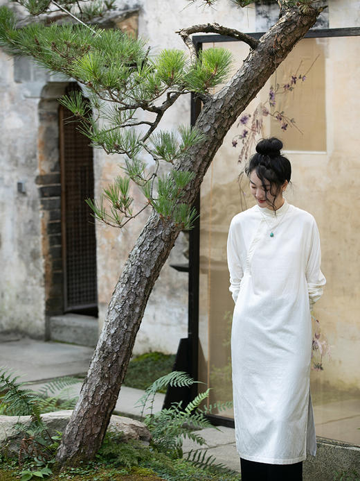 牧衣游原创 丝棉净色连衣裙新款宽松东方气质开叉改良旗袍 游山 商品图0