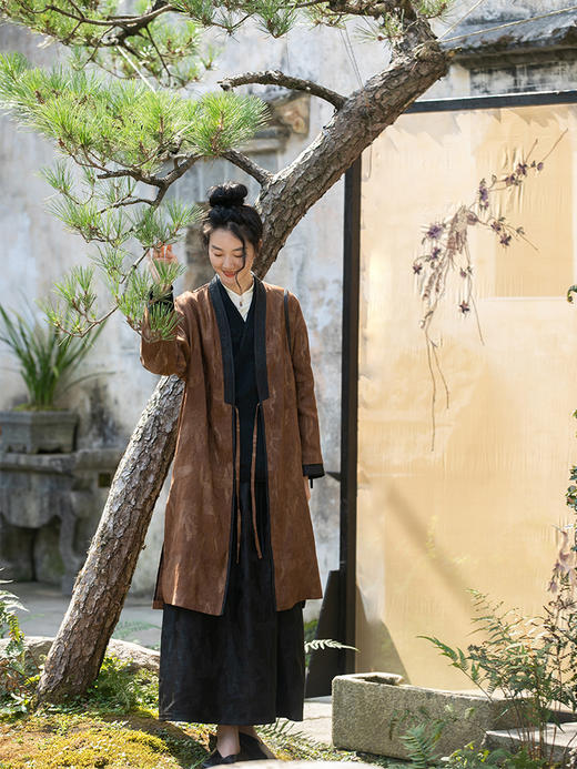 牧衣游原创 重磅鹤提花香云纱长外套新款禅意复古宽松开衫 满鹤楼 商品图0