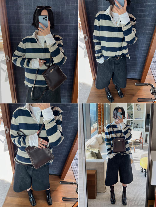 HIDEMI 小男孩系列自然棉色织条纹polo领拼接长袖T恤上衣 浅芸豆灰绿条纹/深炭灰绿条纹 商品图1