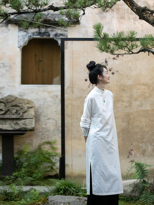 牧衣游原创 丝棉净色连衣裙新款宽松东方气质开叉改良旗袍 游山 商品图1