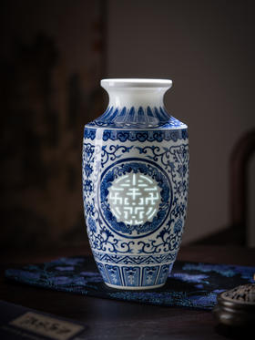 富玉  青花玲珑花瓶陶瓷器中式居家装饰品花瓶-手绘寿字瓶