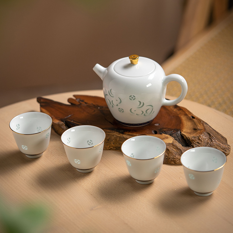 富玉 景德镇玲珑陶瓷茶具旅行户外便携茶具钱兔似锦一壶四杯