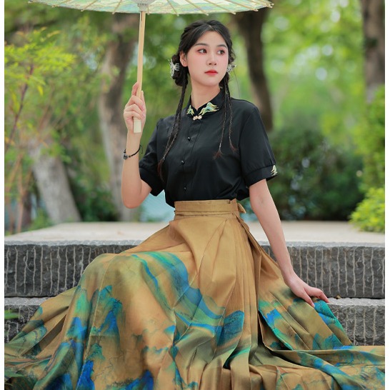 【千里江山·入画】马面裙水仙纱国画山水改良国风新中式马面套装