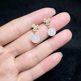 菲菲珠宝好*5925和田玉白玉圆珠耳坠约9mm