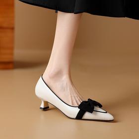 【预售5天】里外全皮 4.5cm蝴蝶结单鞋，真皮拼色中跟细跟羊皮鞋子DB&M5878
