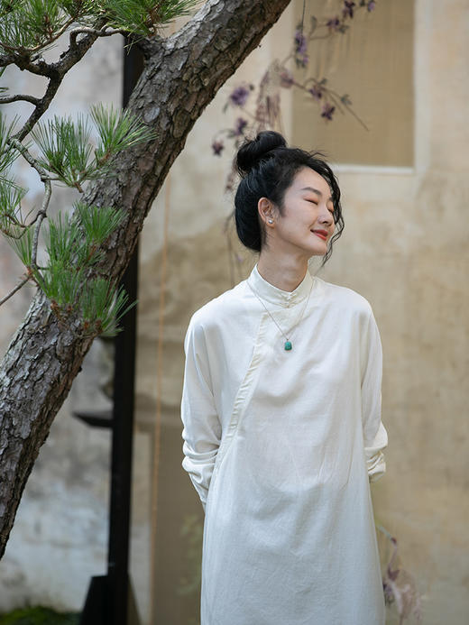 牧衣游原创 丝棉净色连衣裙新款宽松东方气质开叉改良旗袍 游山 商品图2