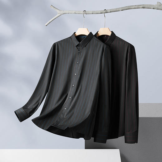 【弹力】【新款DM】大依优型竖条纹长袖衬衫男宽松加肥加大码男士休闲商务衬衣上衣胖子 商品图0