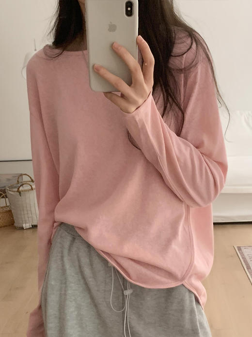【薄款纯色内搭打底衫】长袖T恤女罩衫 宽松慵懒感防晒上衣面膜T 商品图0