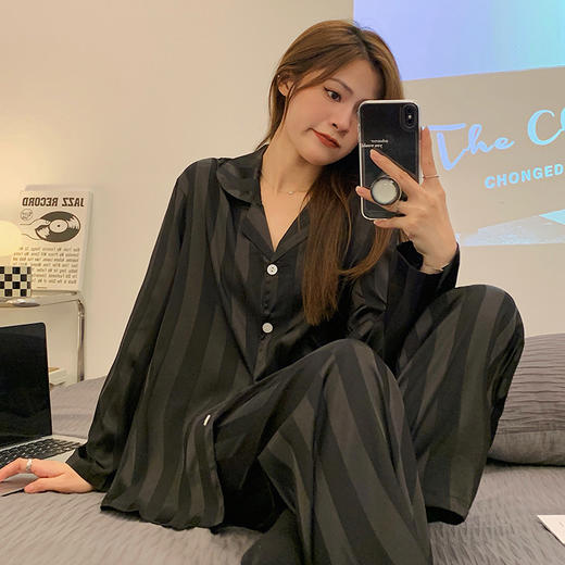 春秋季新款新中式水墨风冰丝睡衣女薄款大理石风韩版网红流光高级感薄款长袖家居服套装 商品图2