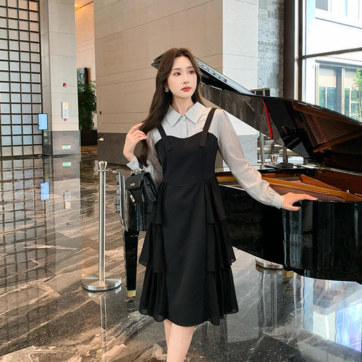 奢姿大码女装2024秋季气质翻领裙子胖妹妹假两件拼接时尚连衣裙9943826658 商品图0