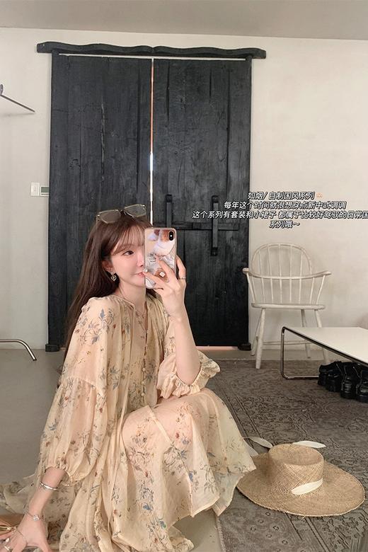 金蘑菇菇Chinoiserie如烟/ 新中式国风V领碎花连衣裙两件套女夏季 商品图5