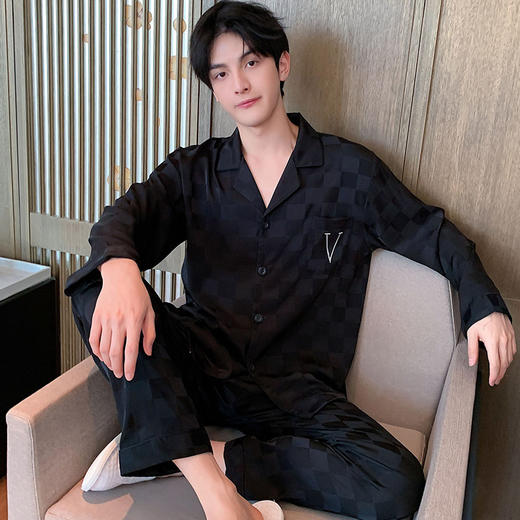 秋季新款男士睡衣开衫冰丝薄款春秋长袖长裤套装青少年大码丝绸家居服套装 商品图2