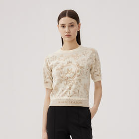 谜底套头针织衫短袖女2024秋季新品复古风原创提花毛衫243MZ1292