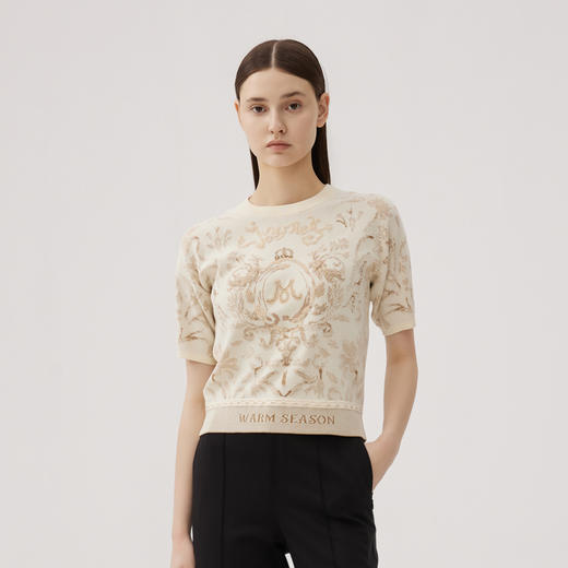 谜底套头针织衫短袖女2024秋季新品复古风原创提花毛衫243MZ1292 商品图0