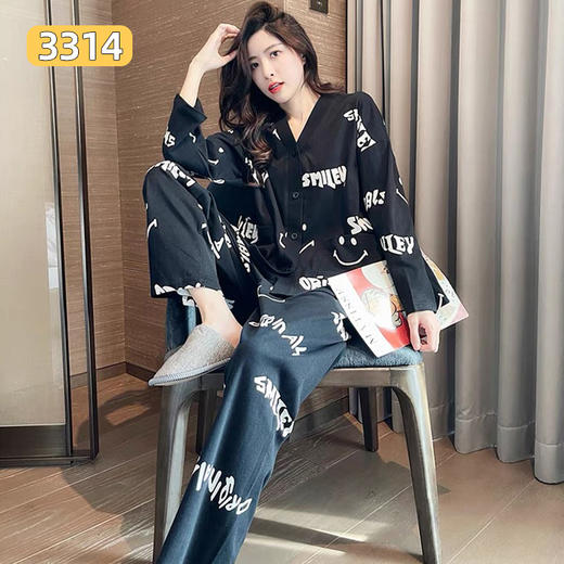 睡衣女秋季新款长袖薄款新款大码可爱女式可外穿学生春秋家居服套装V领 商品图2