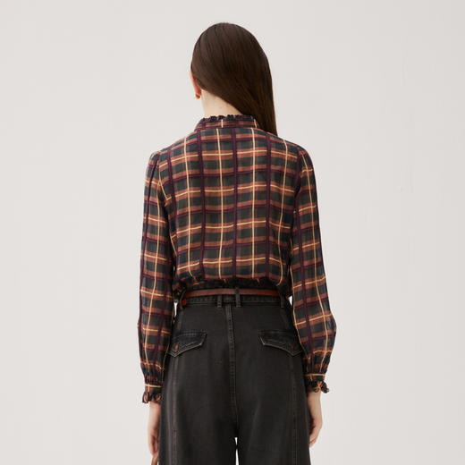 谜底格子衬衫长袖女2024秋款复古通勤小立领荷叶边衬衣243MC1112 商品图2