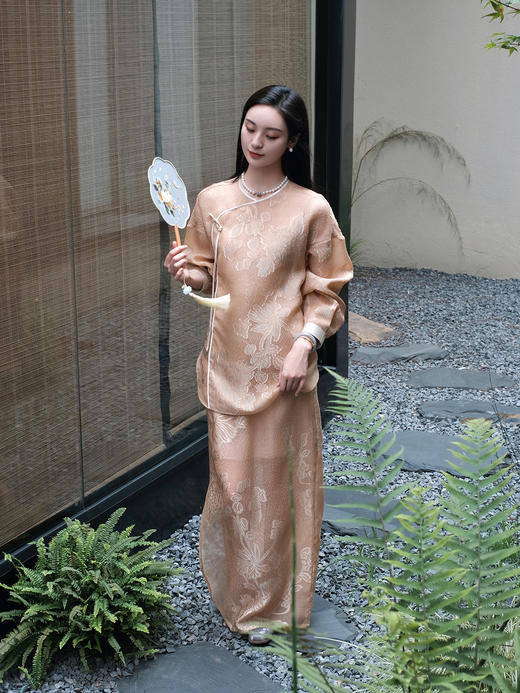 盛唐牡丹 |沙色真丝剪花纱偏襟上衣 商品图2