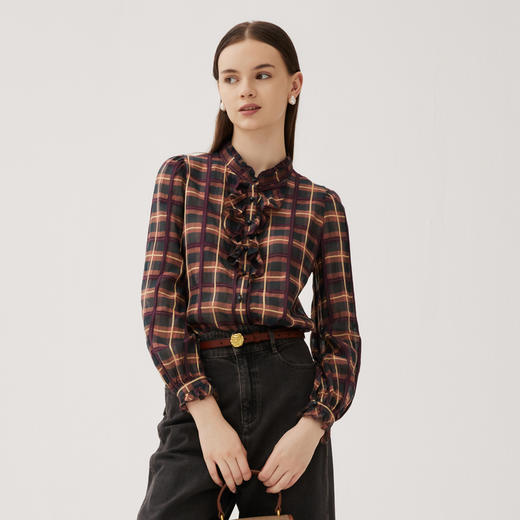 谜底格子衬衫长袖女2024秋款复古通勤小立领荷叶边衬衣243MC1112 商品图0