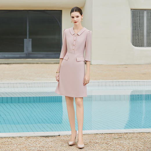 AD粉色小香风连衣裙女时尚翻领西服裙2024新款单排扣七分袖工作服 商品图1