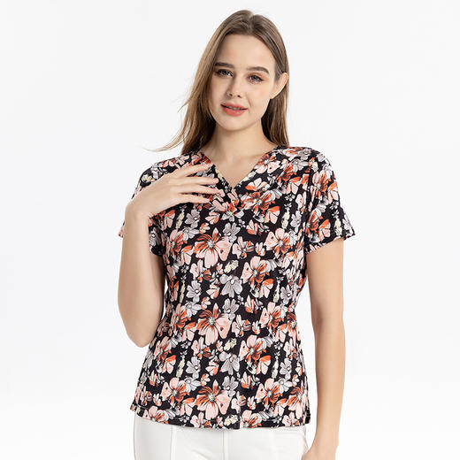 丁摩 桑蚕丝V领短袖T恤女印花大码叠领打底衫真丝上衣夏4ZF-416S 商品图6