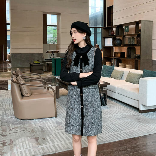 奢姿大码女装2025秋季蝴蝶结假两件拼接裙子胖妹妹半高领连衣裙9943890206 商品图4