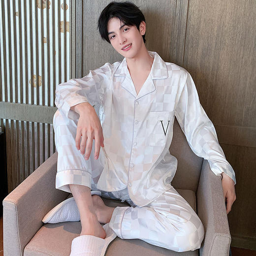 秋季新款男士睡衣开衫冰丝薄款春秋长袖长裤套装青少年大码丝绸家居服套装 商品图1
