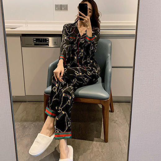 秋季新款仿真丝冰丝睡衣女春秋长袖薄款甜美夏季女士仿真丝绸大码宽松家居服套装 商品图5