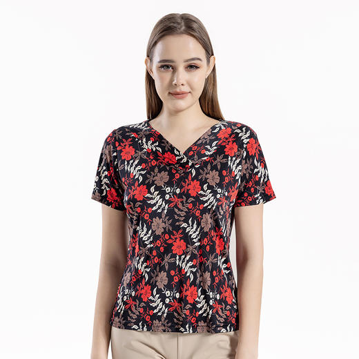 丁摩 桑蚕丝V领短袖T恤女印花大码叠领打底衫真丝上衣夏4ZF-416S 商品图4