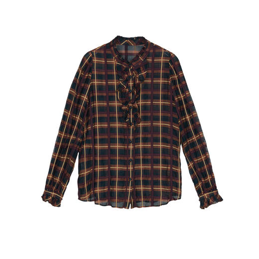 谜底格子衬衫长袖女2024秋款复古通勤小立领荷叶边衬衣243MC1112 商品图4