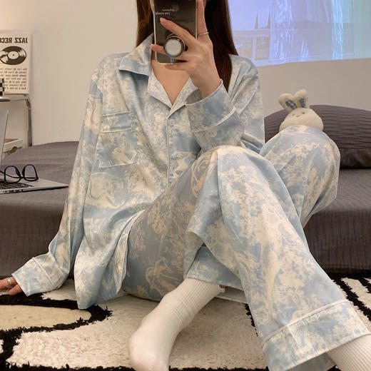 秋季新款仿真丝冰丝睡衣女春秋长袖薄款甜美夏季女士仿真丝绸大码宽松家居服套装 商品图7