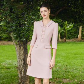 AD粉色小香风连衣裙女时尚翻领西服裙2024新款单排扣七分袖工作服